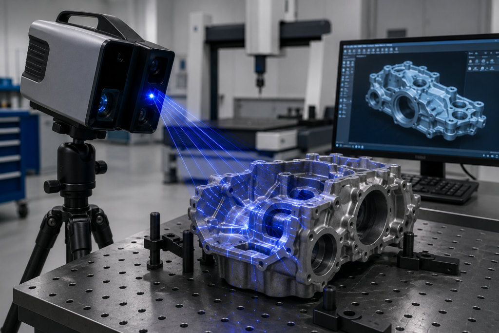 Scanner 3D a laser realizando a medição de uma peça metálica usinada sobre uma mesa de inspeção em um laboratório de metrologia. Ao fundo, um monitor exibe o modelo digital tridimensional da peça durante o processo de digitalização.