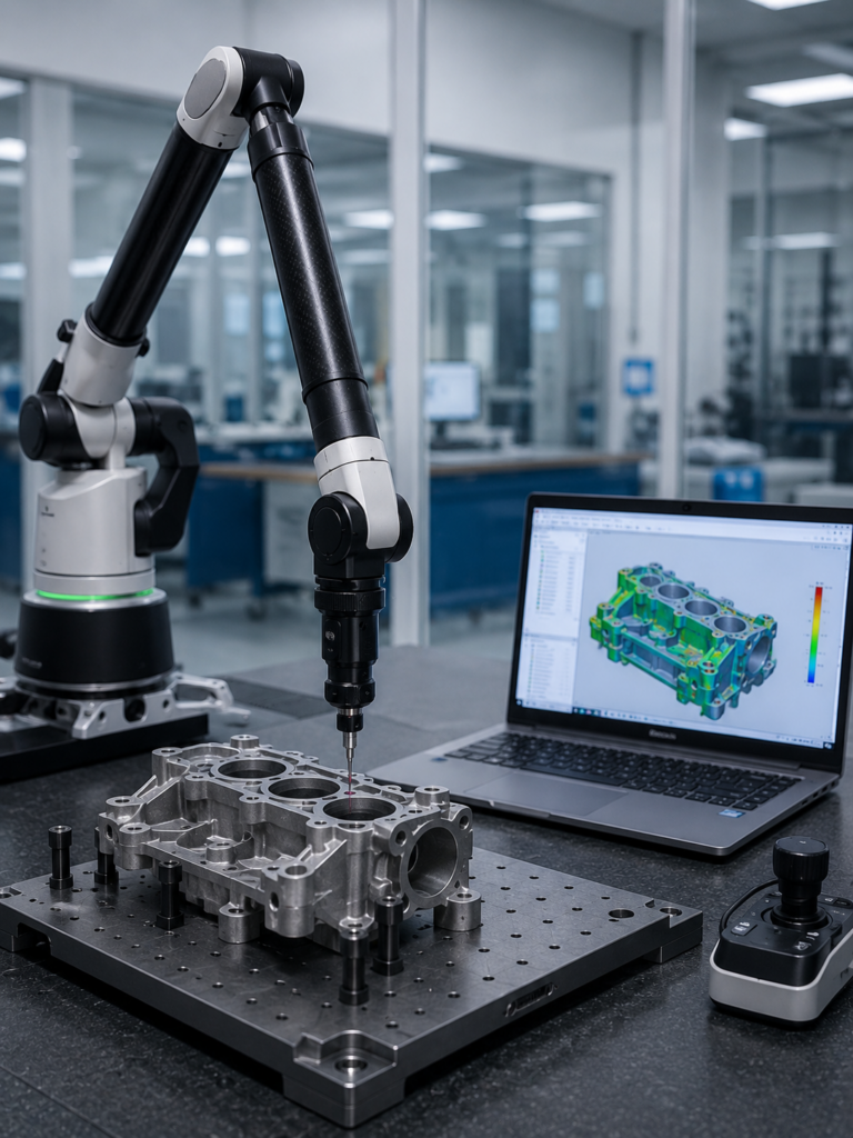 Braço de medição portátil realizando inspeção dimensional de uma peça metálica fixada sobre uma mesa de metrologia, com software de análise tridimensional exibido em um computador