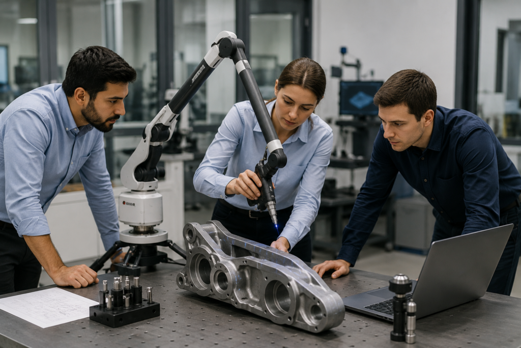 Equipe de engenheiros utilizando um braço de medição portátil para realizar inspeção dimensional de uma peça usinada em um laboratório de metrologia. A tecnologia garante precisão, rastreabilidade e controle de qualidade em processos industriais.