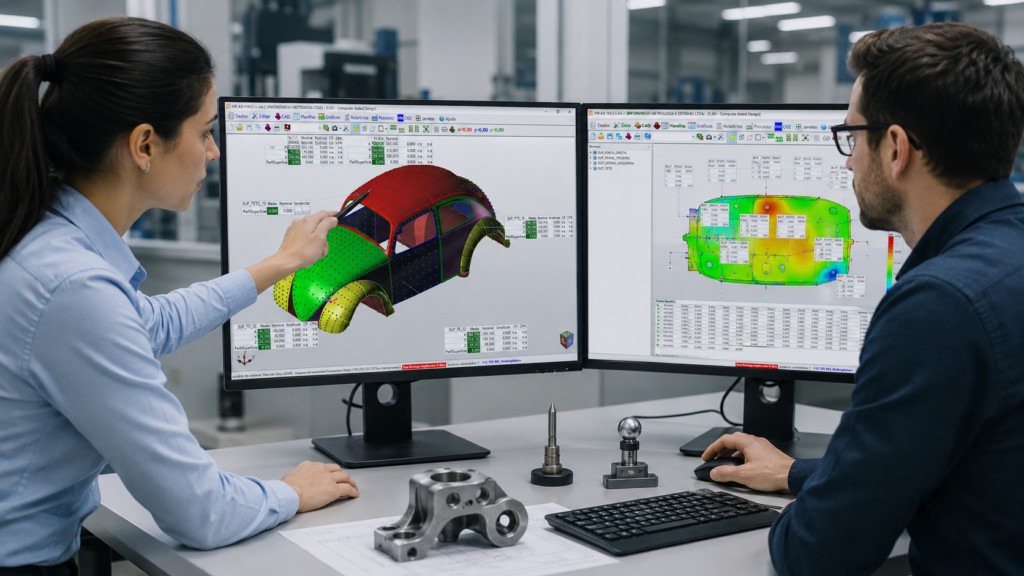 Dois engenheiros analisam resultados de inspeção dimensional em dois monitores, utilizando software de metrologia com modelos tridimensionais e mapas de cores para avaliação da qualidade de componentes industriais.