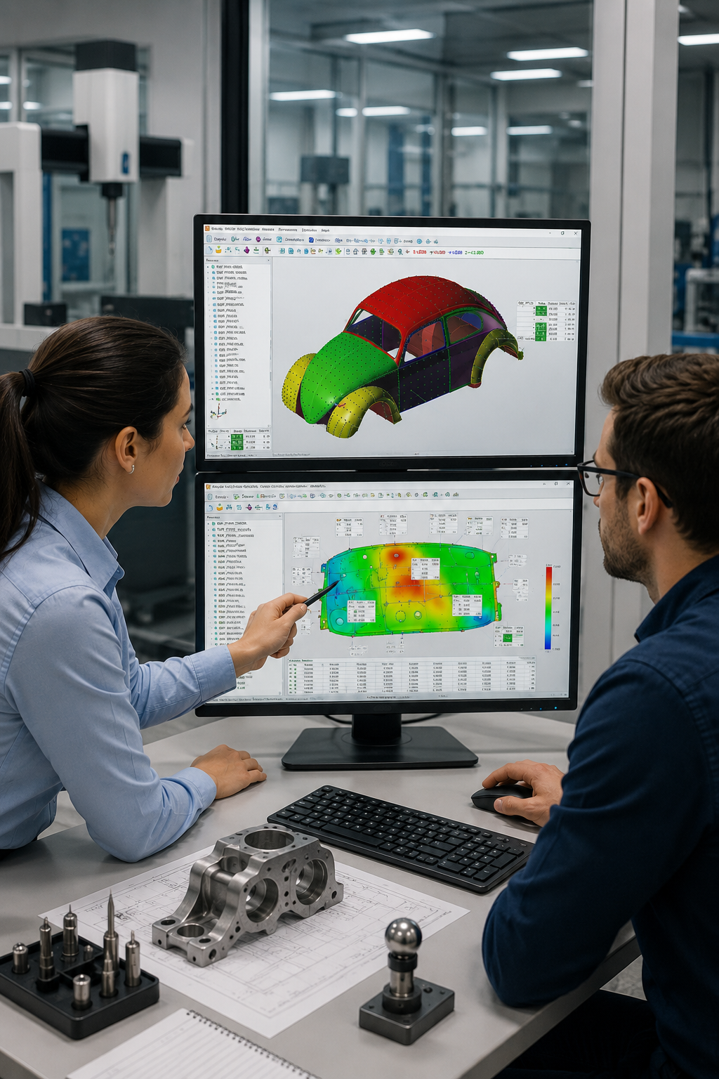 Dois engenheiros analisam resultados de inspeção dimensional em dois monitores, utilizando software de metrologia com modelos tridimensionais e mapas de cores para avaliação da qualidade de componentes industriais.