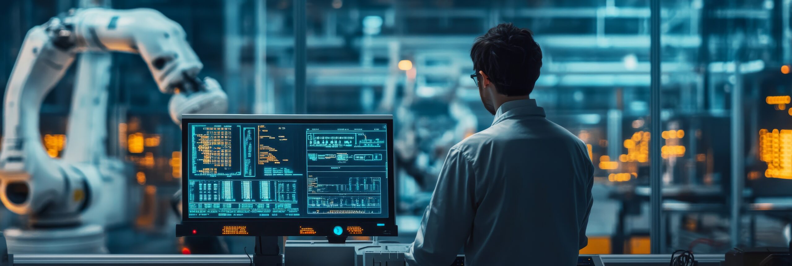 Especialista acompanhando o desempenho de uma linha de produção automatizada por meio de sistemas digitais de monitoramento, garantindo controle de processos, rastreabilidade, eficiência operacional e qualidade na manufatura.