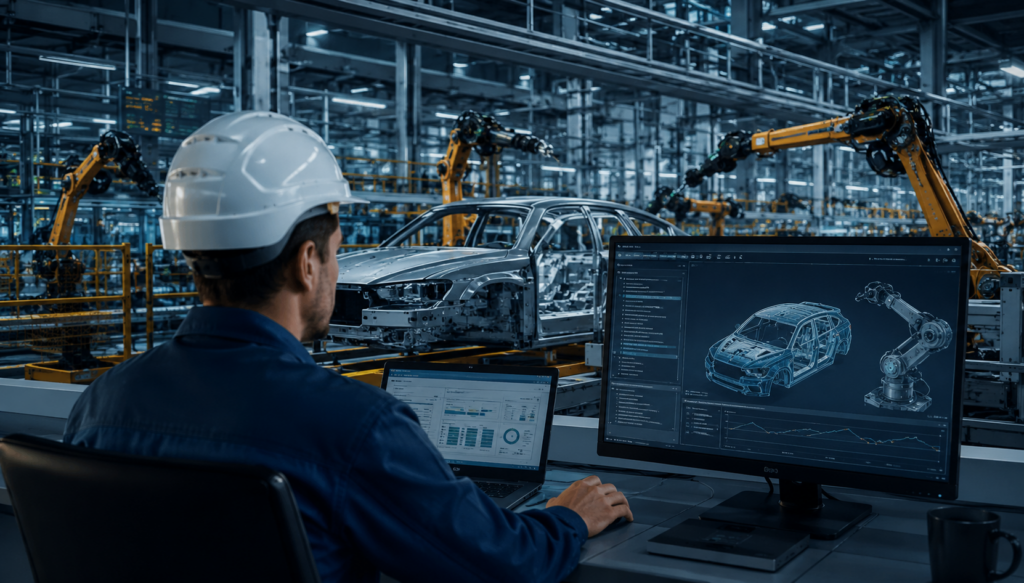 Engenheiro de produção usando capacete branco monitora uma linha de montagem automotiva altamente automatizada. À sua frente, um monitor exibe um modelo 3D de uma carroceria de veículo e um braço robótico, enquanto diversos robôs industriais trabalham na montagem de um automóvel ao fundo, em uma fábrica moderna e iluminada. A cena transmite um ambiente de manufatura avançada, digitalização e automação industrial.