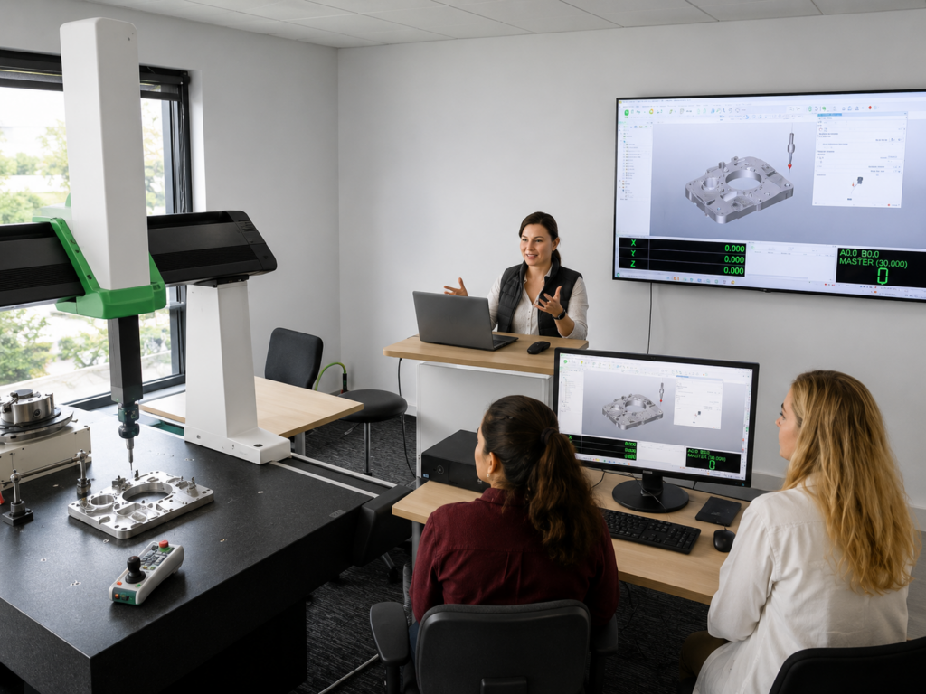 Instrutora ministra treinamento de programação em máquina de medição por coordenadas (CMM) em um moderno laboratório de metrologia. Duas alunas acompanham a explicação enquanto observam o software de medição exibido em um monitor e em uma tela de grande formato na parede. Ao lado, uma CMM de ponte realiza a inspeção de uma peça fixada sobre a mesa de granito, ilustrando um ambiente de capacitação prática em metrologia dimensional e controle da qualidade.