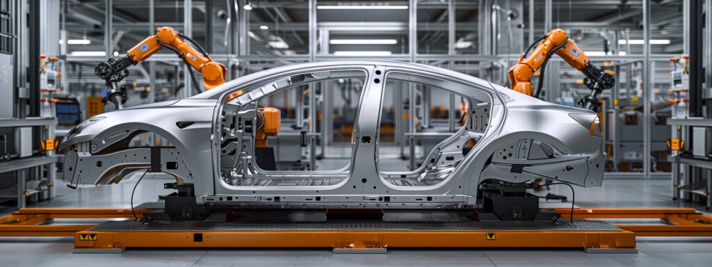 Carroceria de automóvel posicionada em uma célula de manufatura automatizada, sendo manipulada por dois braços robóticos industriais em uma fábrica moderna. A estrutura metálica do veículo está fixada sobre uma plataforma de produção, enquanto os robôs realizam operações de montagem com alta precisão. O ambiente é limpo, organizado e equipado com sistemas automatizados, representando processos avançados de fabricação na indústria automotiva.